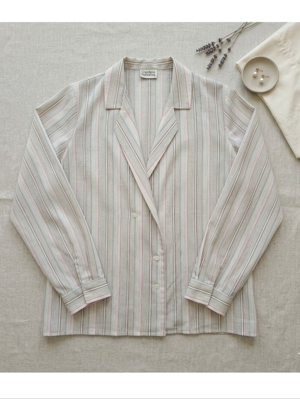 Vintage Country Suburbans Pastel Striped Long Sleeve Camp Collar Blouse Top